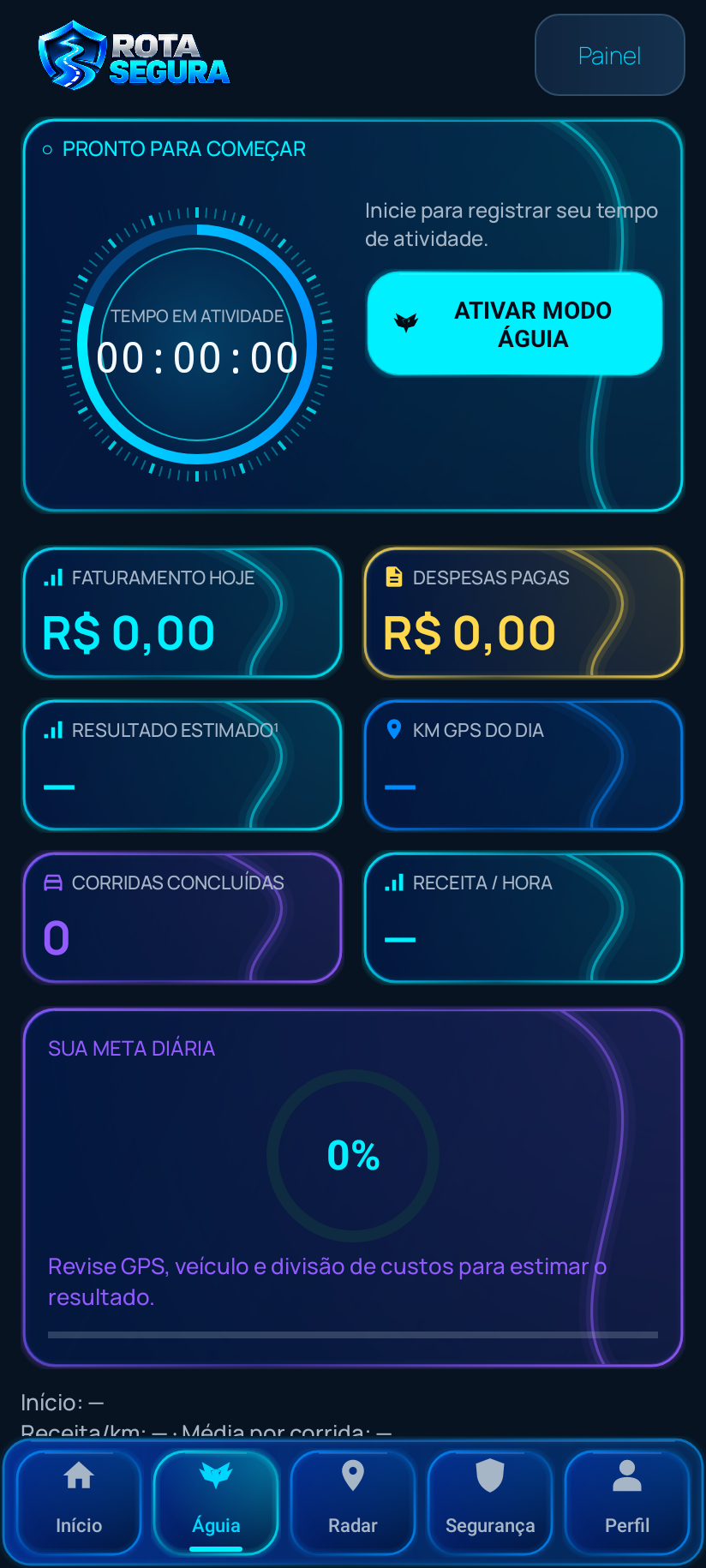 Tela real do Modo Águia em teste, pronta para começar a jornada e com valores zerados