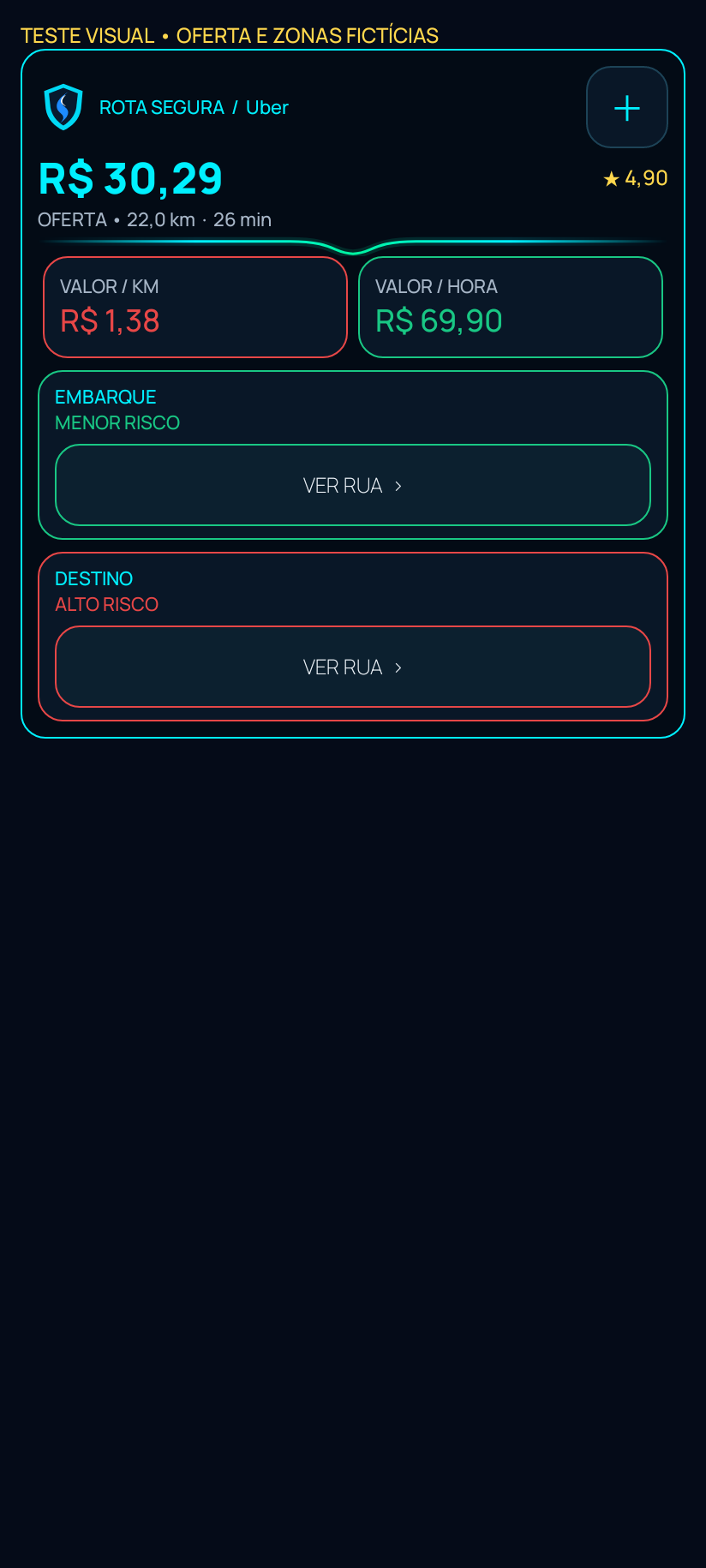 Captura real de teste do overlay Android, mostrando valor por quilômetro e hora, risco do embarque e destino e os dois botões Ver rua.